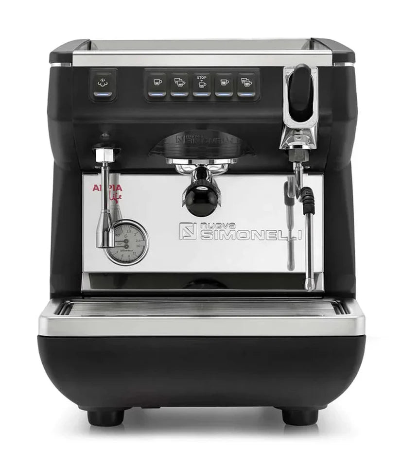 Professional Commercial Espresso Machine in black and chrome with a white background. Brand name is Nuova Simonelli