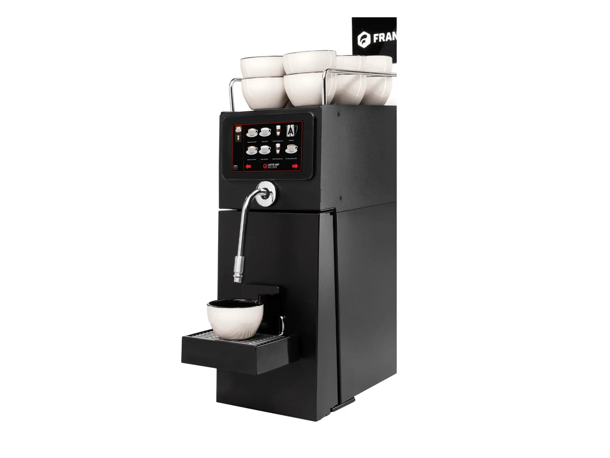 Professional Commercial Frothing, Steaming Machine with cups. On a white background.