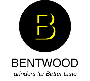 Image of the Bentwood Vertical 75. A modern electric coffee grinder with a matte black body, a wood-grain panel on the side, a clear hopper, and a digital display on the control dial, isolated on a white background.