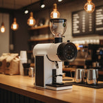 A modern coffee grinder with a white body, black accents, and a clear hopper on top, shown against a plain white background.