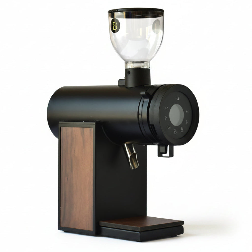 A modern electric coffee grinder with a matte black body, a wood-grain panel on the side, a clear hopper, and a digital display on the control dial, isolated on a white background.