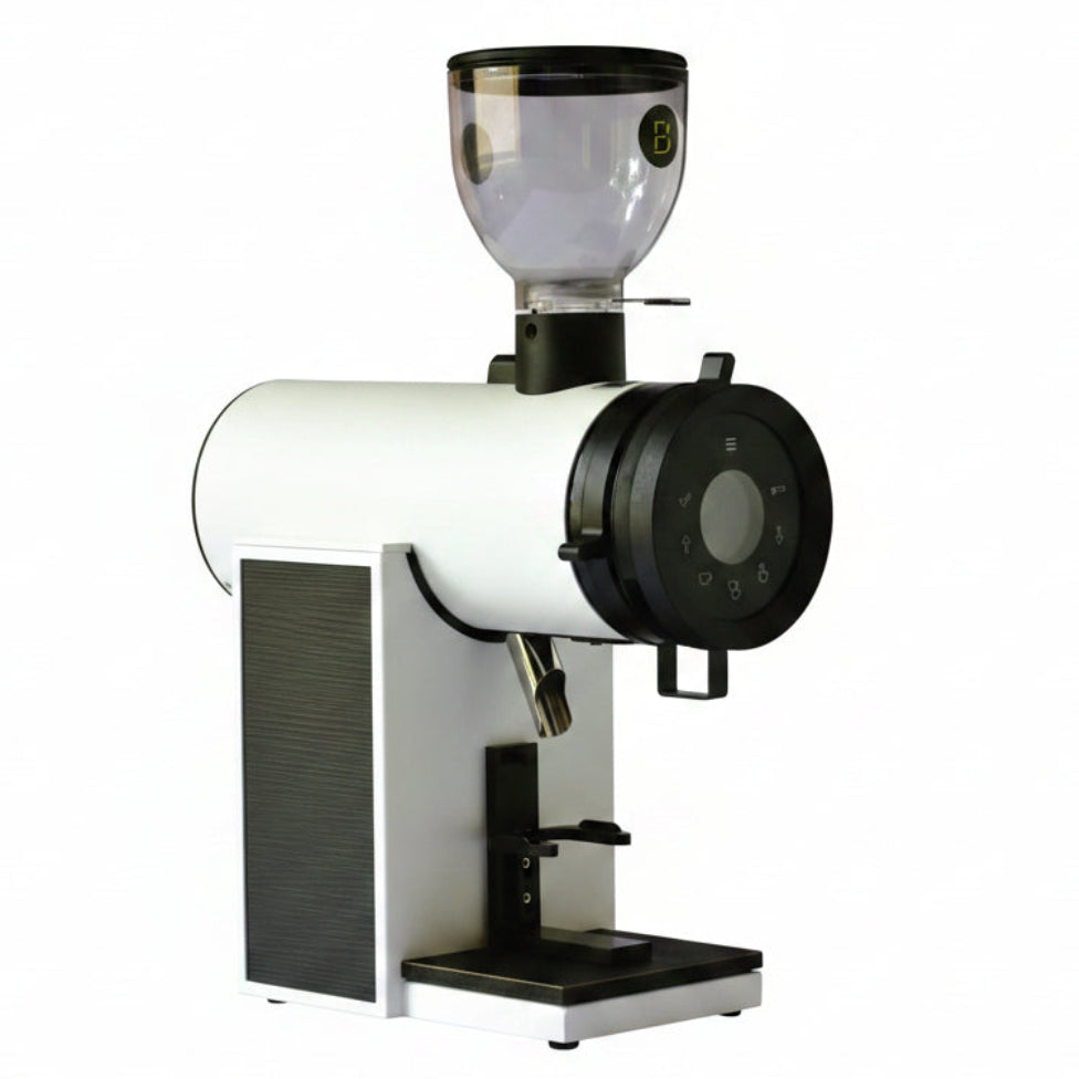 A modern coffee grinder with a white body, black accents, and a clear hopper on top, shown against a plain white background.