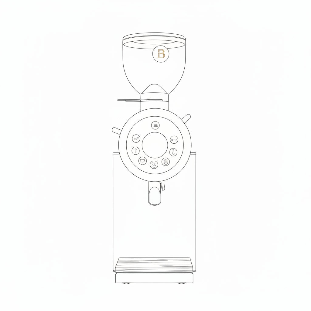 A modern electric coffee grinder with a matte black body, a clear bean hopper, and a wooden base, shown against a solid white background.
