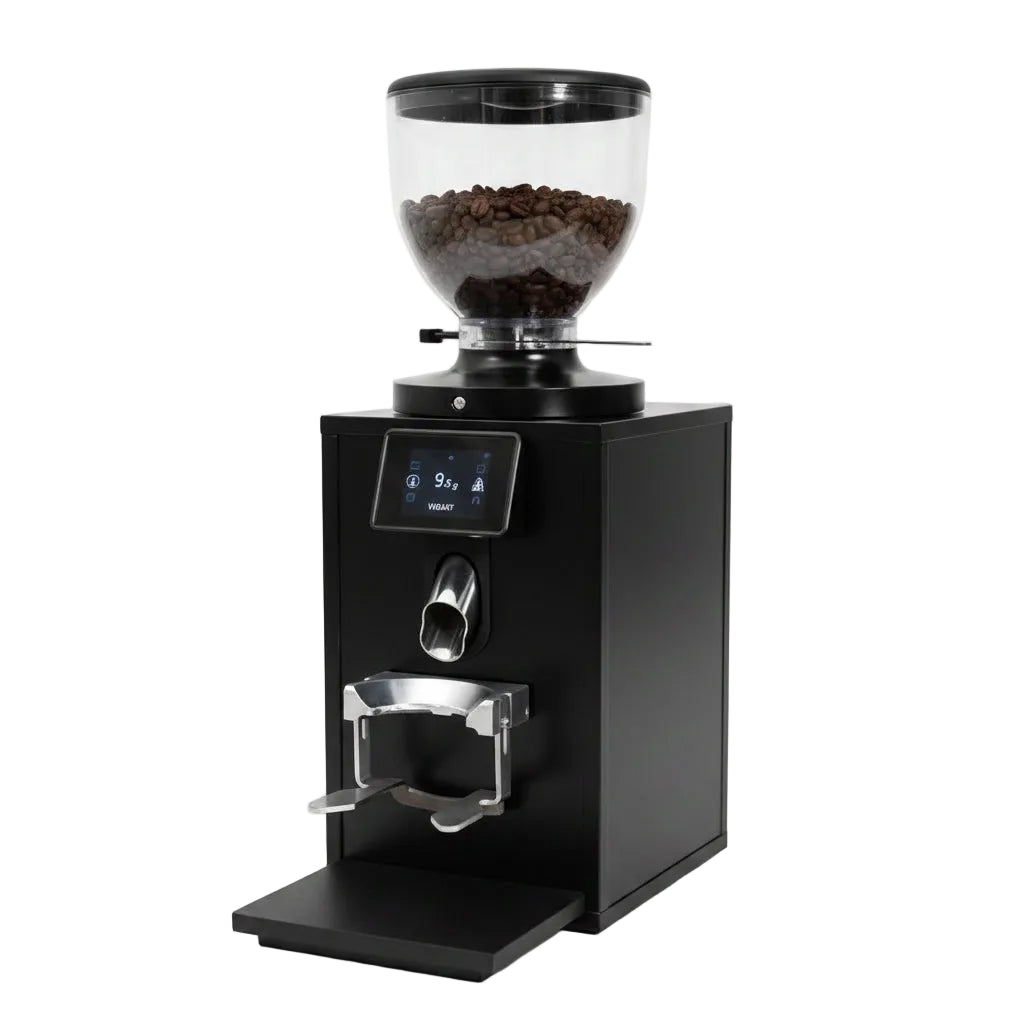 A black electric coffee grinder with a clear hopper on top, a digital control screen, a metal chute, and a drip tray, shown against a plain white background.