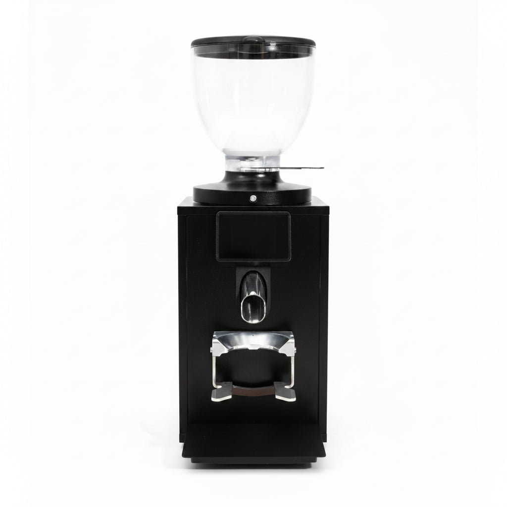 A black coffee grinder with a clear glass bean hopper on top, shown against a plain white background.