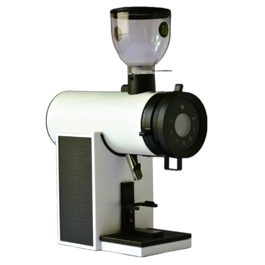 A modern coffee grinder with a white body, black accents, and a clear hopper on top, shown against a plain white background.
