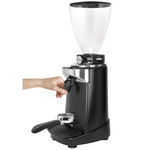 Black coffee grinder with a clear container on a white background