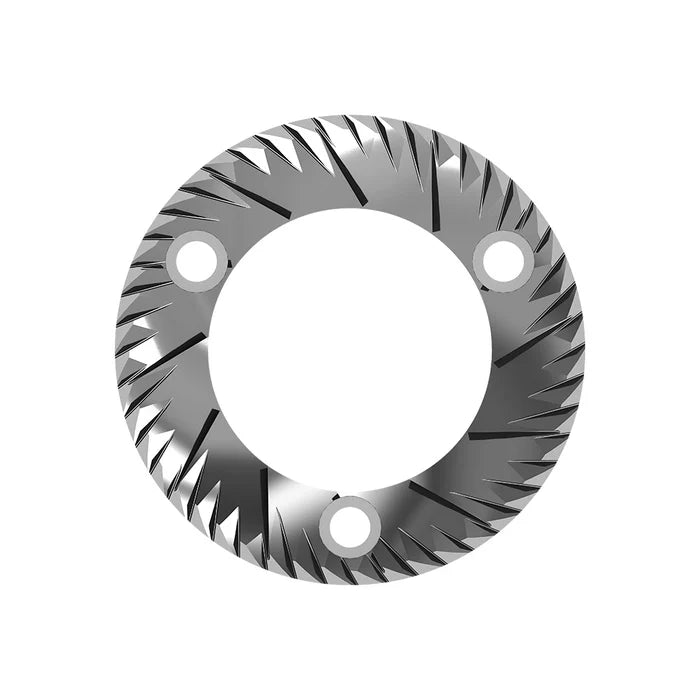 Metallic ring with a textured design on a white background. A coffee burr for coffee grinder.