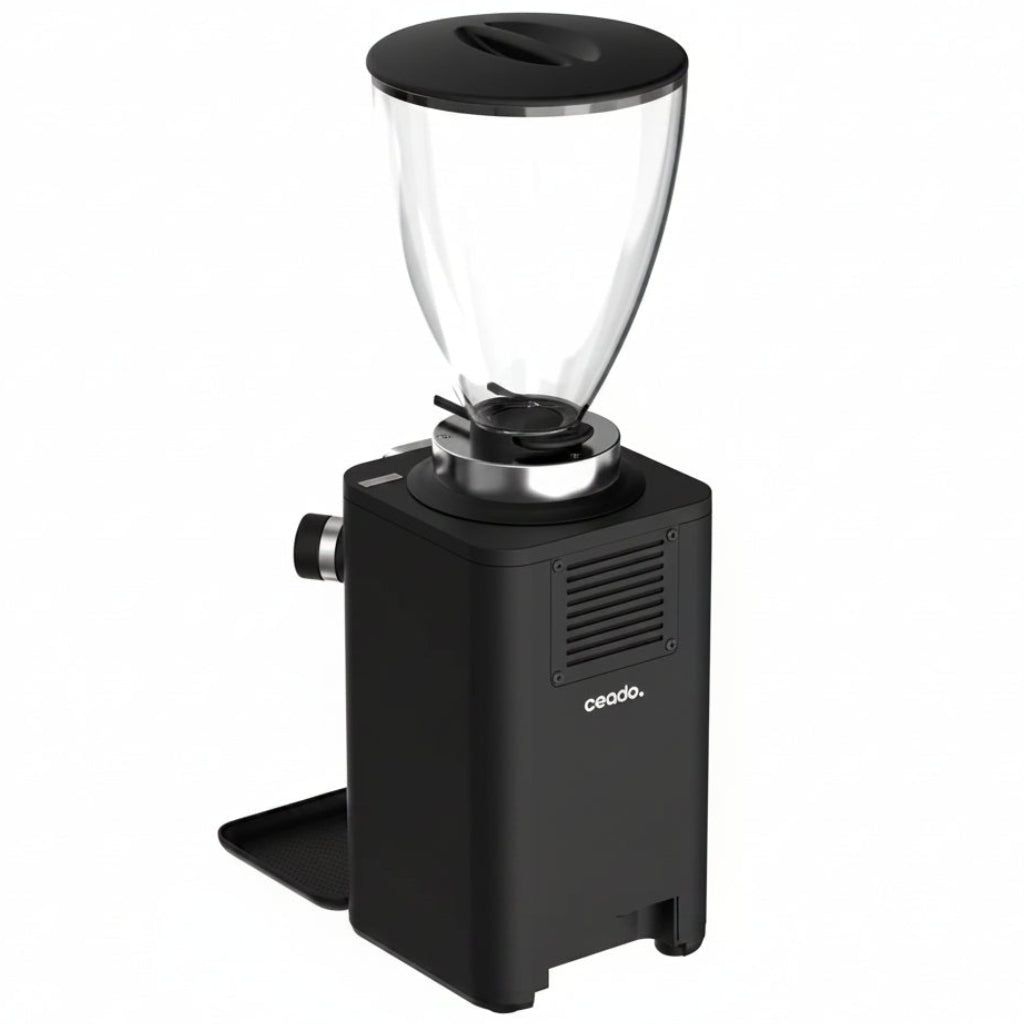 A black Crockol electric coffee grinder with a clear glass bean hopper and black lid, shown on a solid white background.