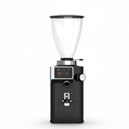 Black coffee grinder with digital display on a white background