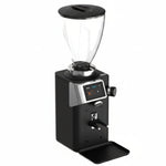 Black coffee grinder with digital display on a white background