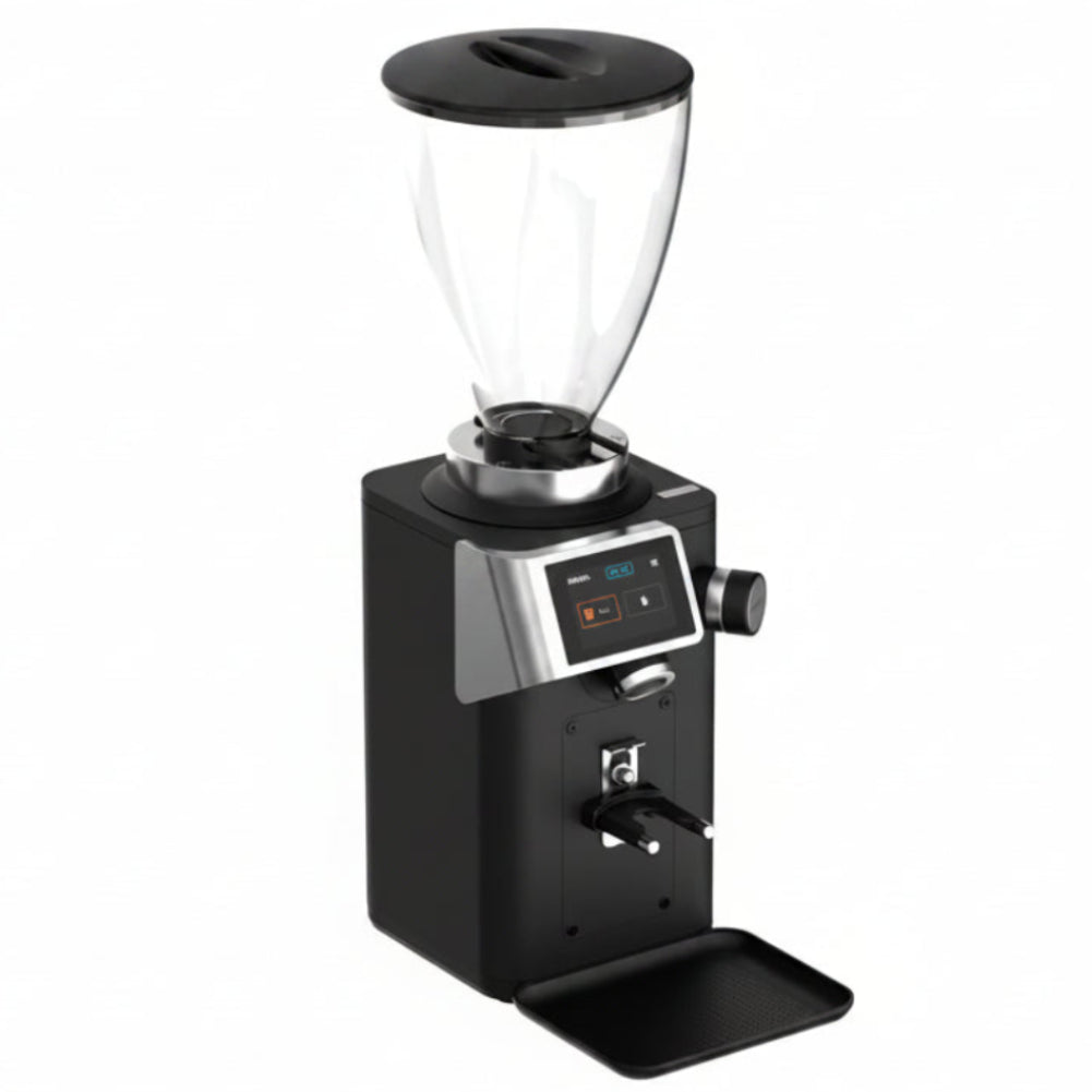 Black coffee grinder with digital display on a white background