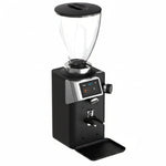 Black coffee grinder with digital display on a white background