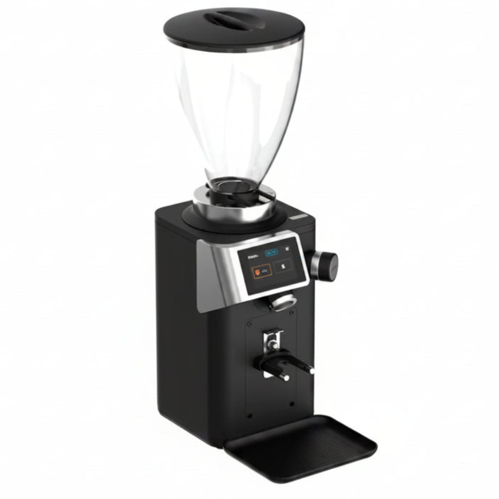 Black coffee grinder with digital display on a white background