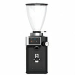 Black coffee grinder with digital display on a white background
