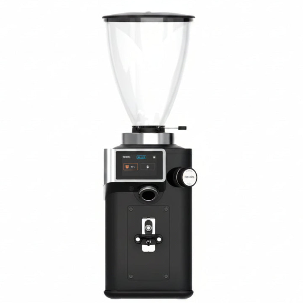 Black coffee grinder with digital display on a white background