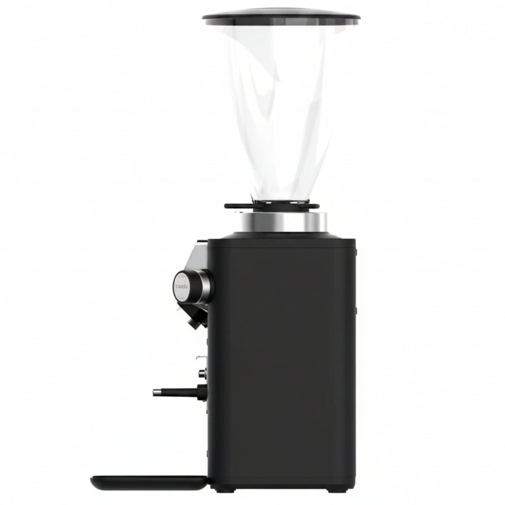 Black coffee grinder with clear container on a white background