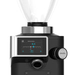 Black coffee grinder with digital display and control knobs on a white background