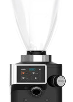 Black coffee grinder with digital display and control knobs on a white background
