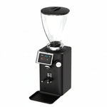 Black coffee grinder with digital display on a white background