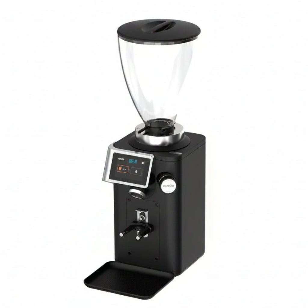 Black coffee grinder with digital display on a white background