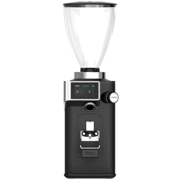 Black coffee grinder with clear top on a white background