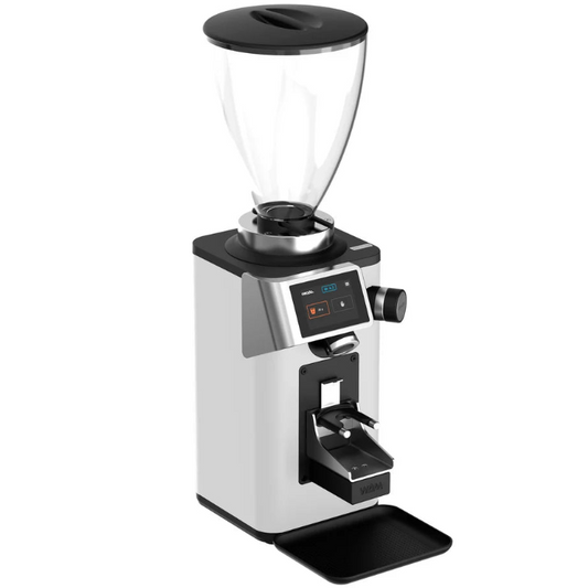 Coffee grinder with a clear bean hopper on a white background
