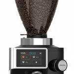 Black coffee grinder with digital display and control knobs on a white background