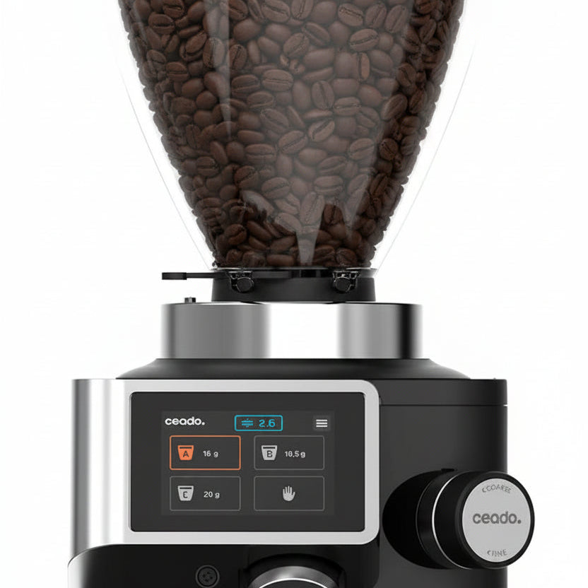 Black coffee grinder with digital display and control knobs on a white background