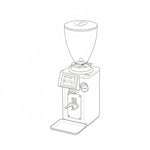 A black coffee grinder with a clear hopper, black lid, digital display screen, and drip tray, shown on a solid white background.