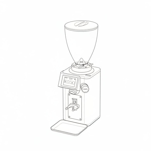 A black coffee grinder with a clear hopper, black lid, digital display screen, and drip tray, shown on a solid white background.