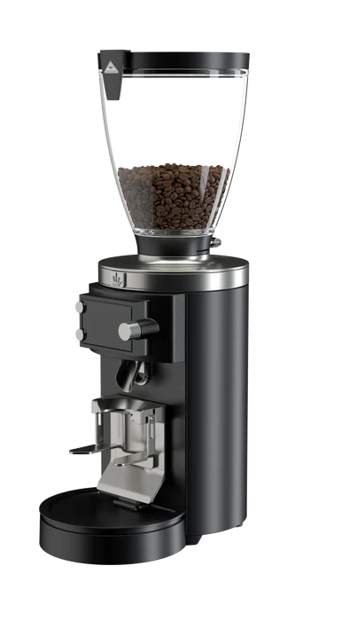 A sleek black and stainless steel electric coffee grinder filled with dark coffee beans, shown against a solid white background.