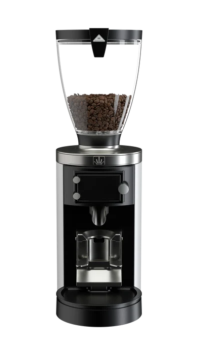A modern electric coffee grinder with a clear bean hopper filled with coffee beans, a brushed silver metal body, and a black control panel and base, shown on a plain white background.