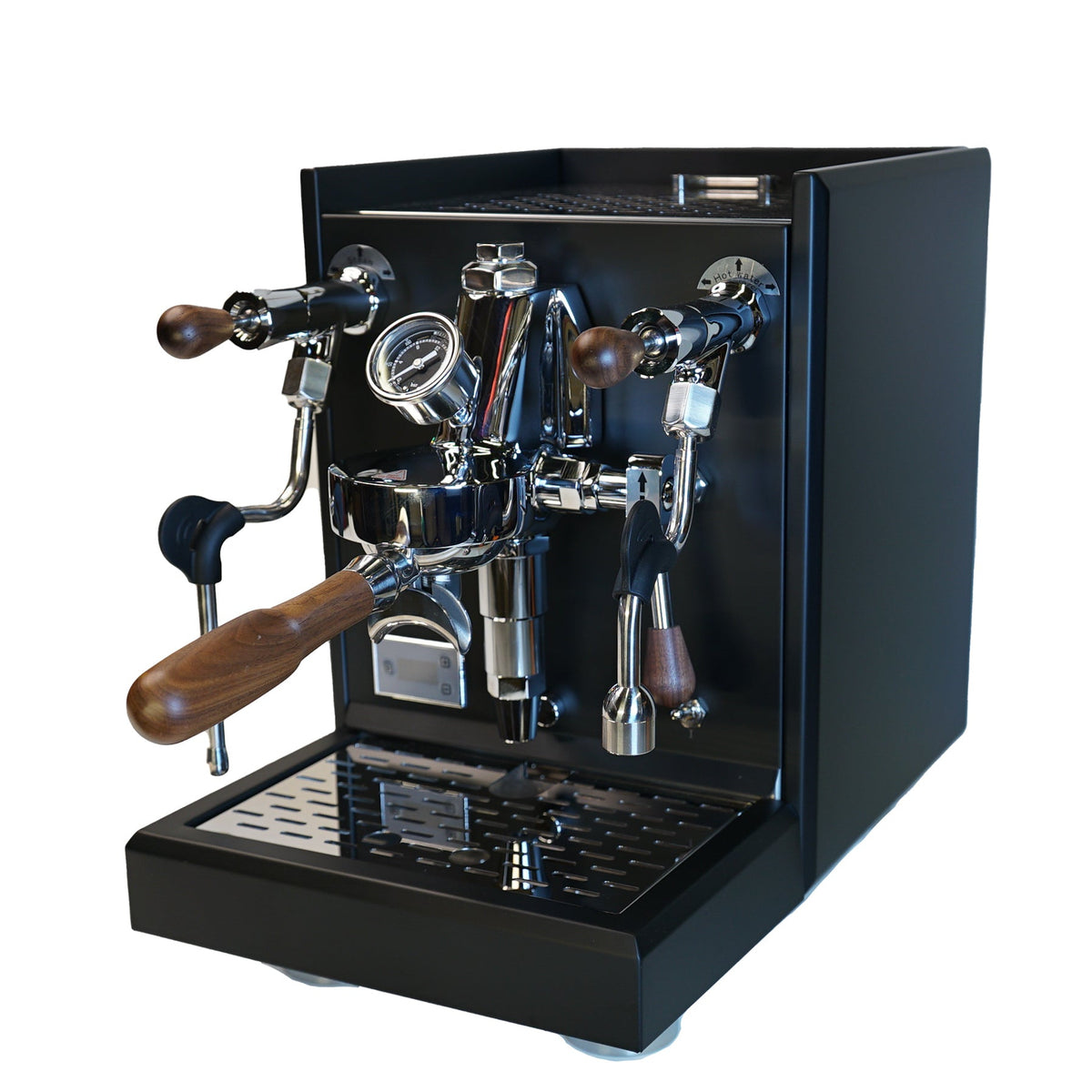A professional espresso machine with a matte black metal body, polished chrome metal components, and dark wood handles, shown on a pure white background.