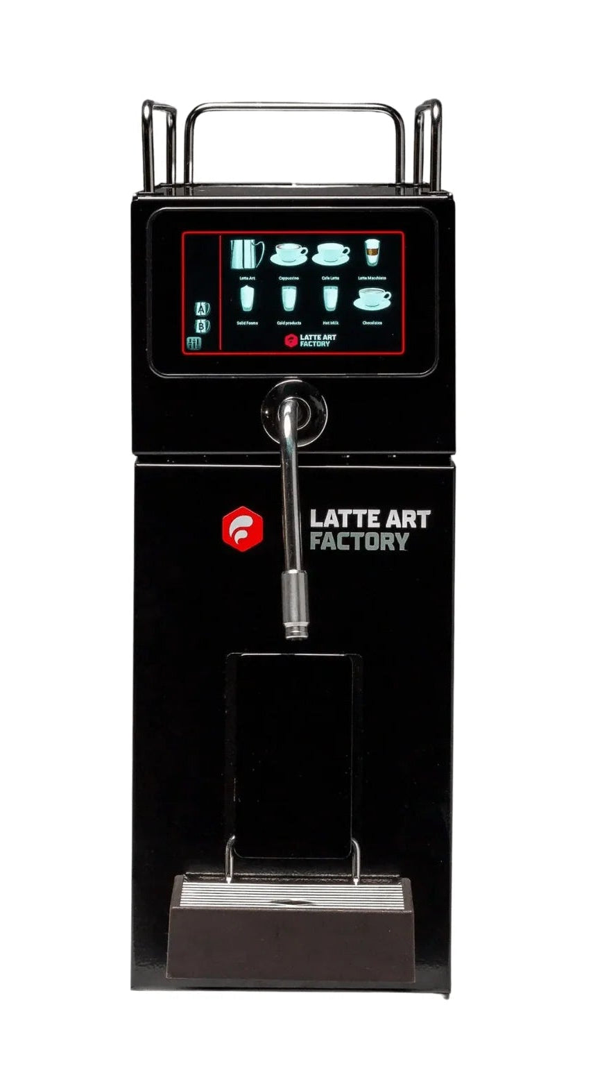 Black coffee machine with digital display on a white background