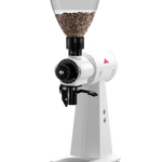 Coffee grinder with a clear container of coffee beans on a white background
