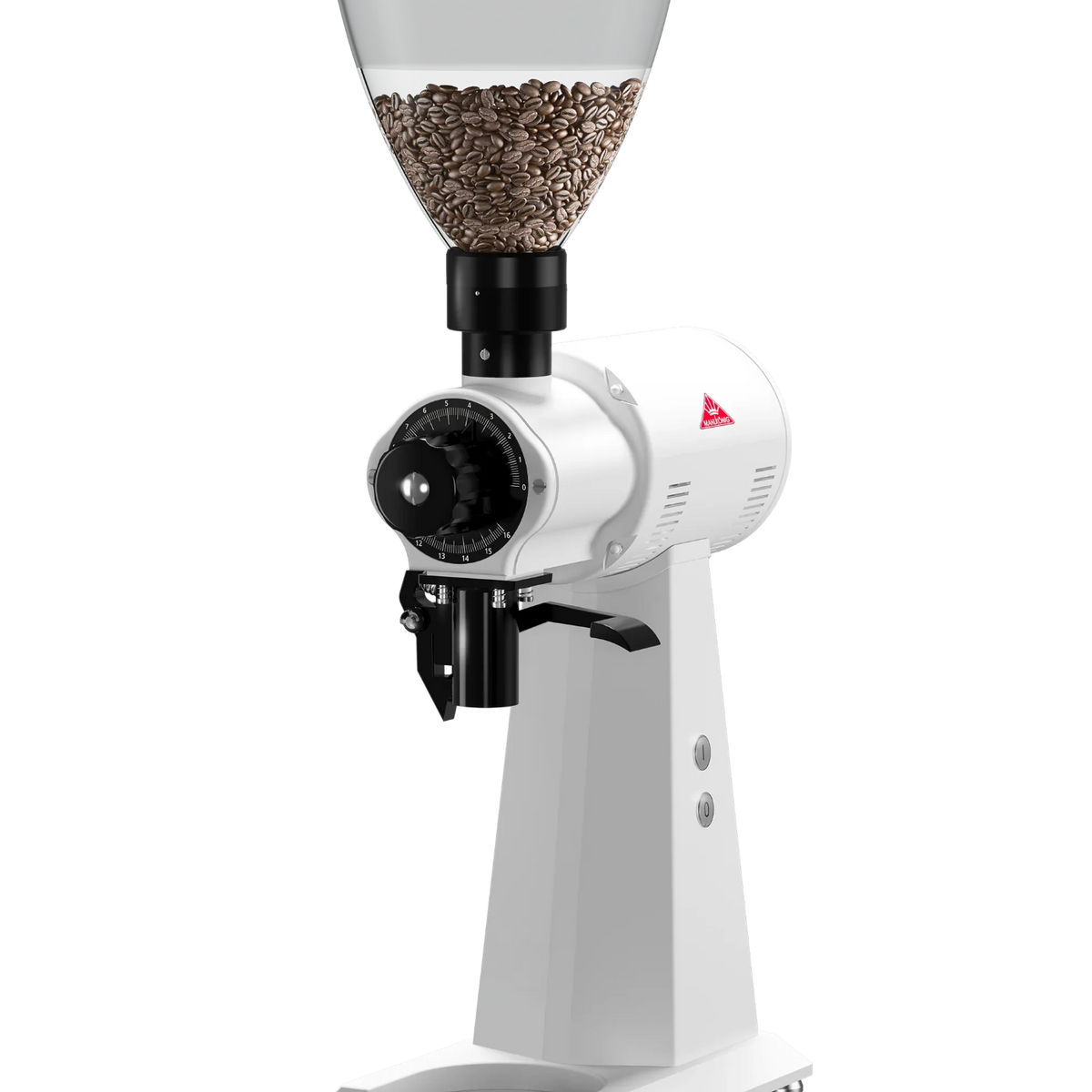 Coffee grinder with a clear container of coffee beans on a white background