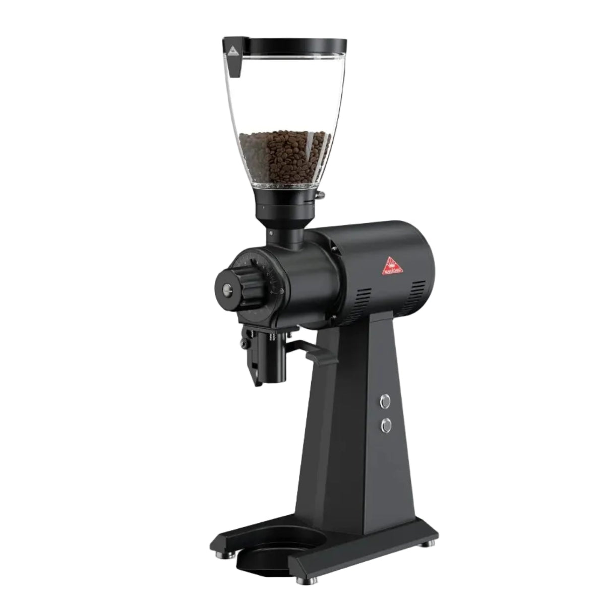 Black coffee grinder with a clear container of ground coffee on a white background