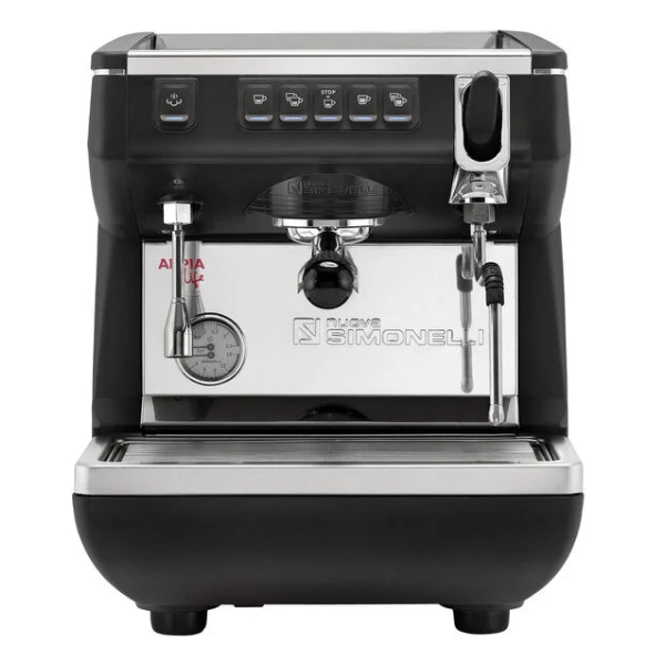 Black and silver Nuove Simonelli coffee machine on a white background