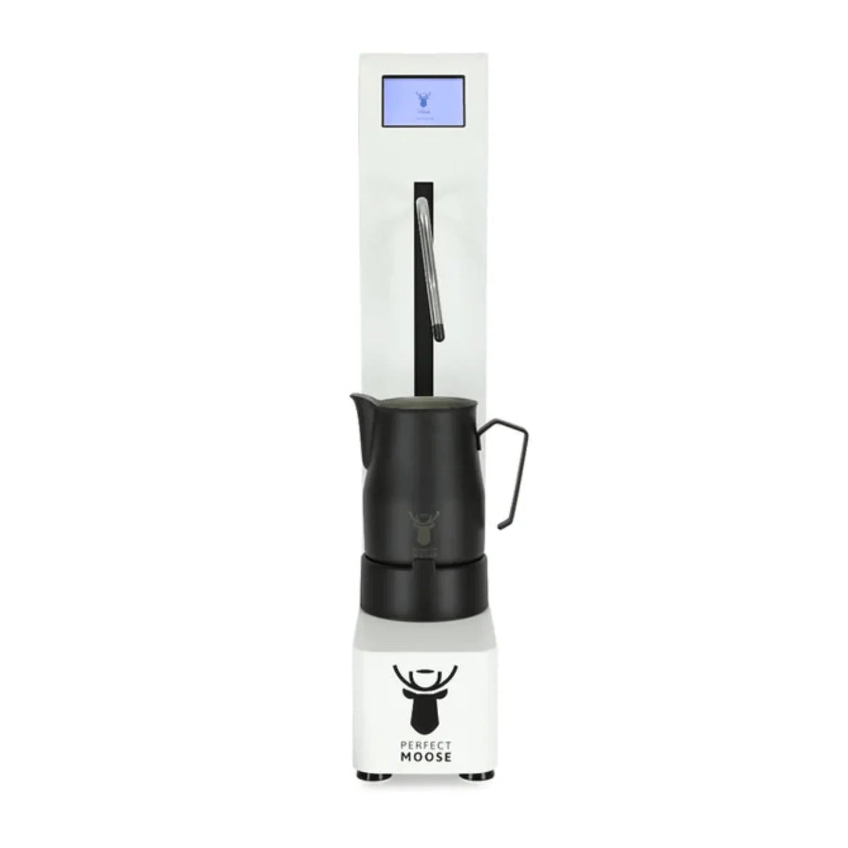 A tall, narrow coffee maker or espresso machine with a white body, black carafe, and a small blue digital display at the top, shown on a plain white background. The base has a black deer head logo and the words 'DEERMOOSE'.