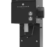 Black Pinecone GH-B Bulk Coffee Grinder machine head with silver start and stop buttons, a large black dial, and a lever mechanism, shown on a solid white background.