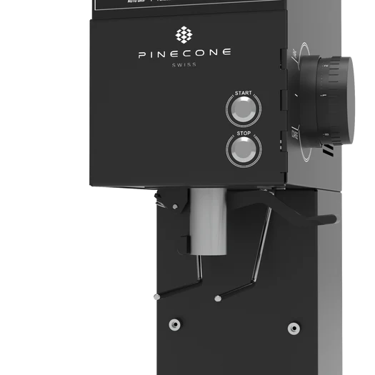 Black Pinecone GH-B Bulk Coffee Grinder machine head with silver start and stop buttons, a large black dial, and a lever mechanism, shown on a solid white background.
