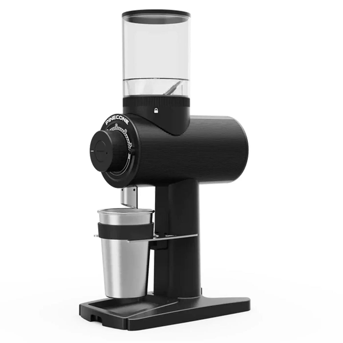 Pinion all purpose coffee grinder in black. Right side view on a white background