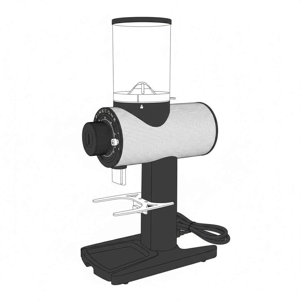 Pinion Coffee grinder with clear container on a white background. Outline image