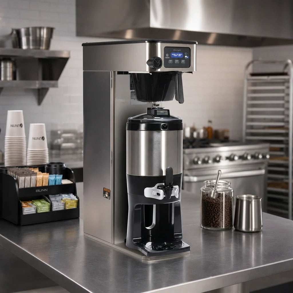 BUNN 53100.0001 Tall Single Automatic Fill Commercial Coffee Brewer, Stainless Steel, Plumbed, Dual Voltage, 1/2–1 Gallon Batches