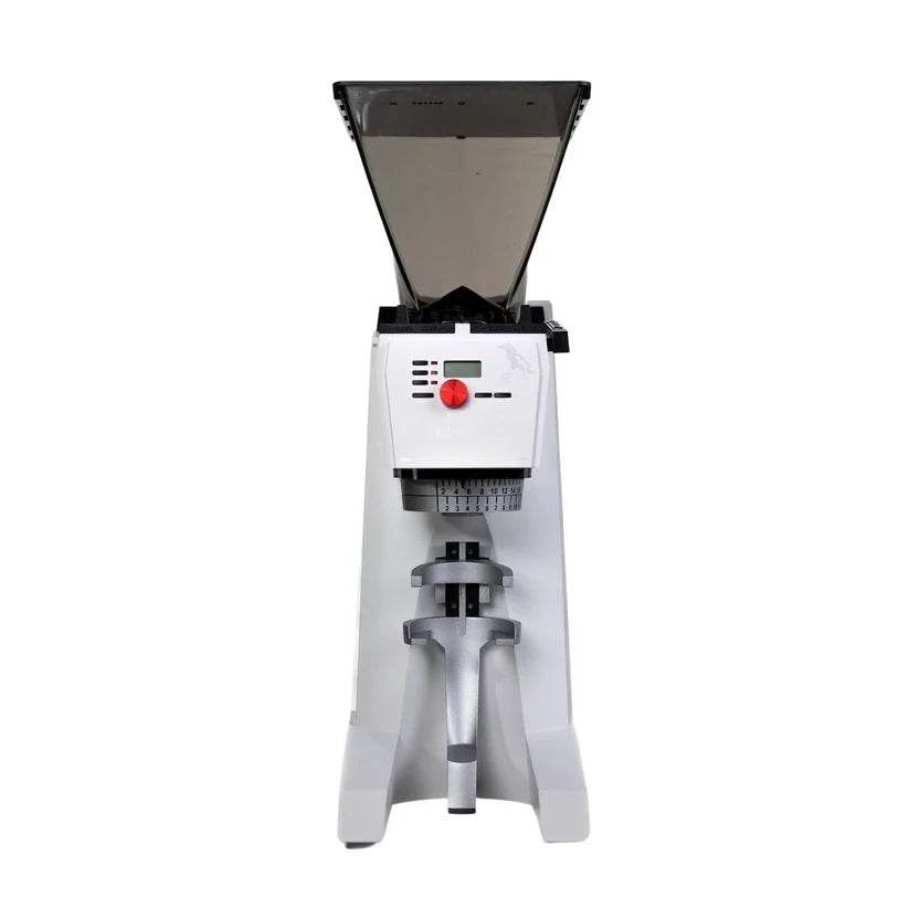 A etzMax plusW Espresso Grinder
compact electric grinder with a white body, black hopper, and silver metal components, featuring a red emergency stop button on the front panel.