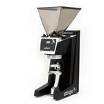 A black and silver etzingr coffee grinder with a conical hopper, shown on a plain white background.