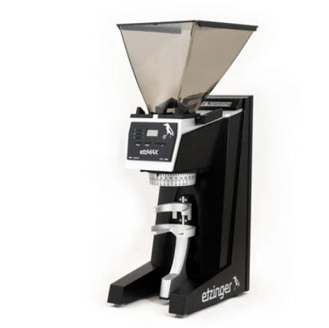 A black and silver etzingr coffee grinder with a conical hopper, shown on a plain white background.