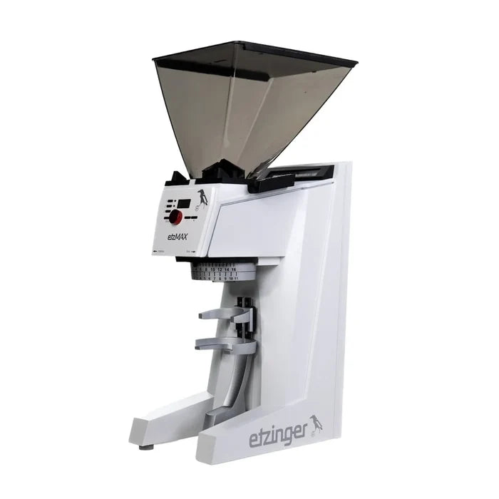 etzMax plusW Espresso Grinder
 coffee grinder with a white body, black hopper, and silver metal components, shown on a solid white background.