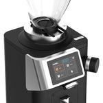 Black and silver coffee grinder with digital display on a white background